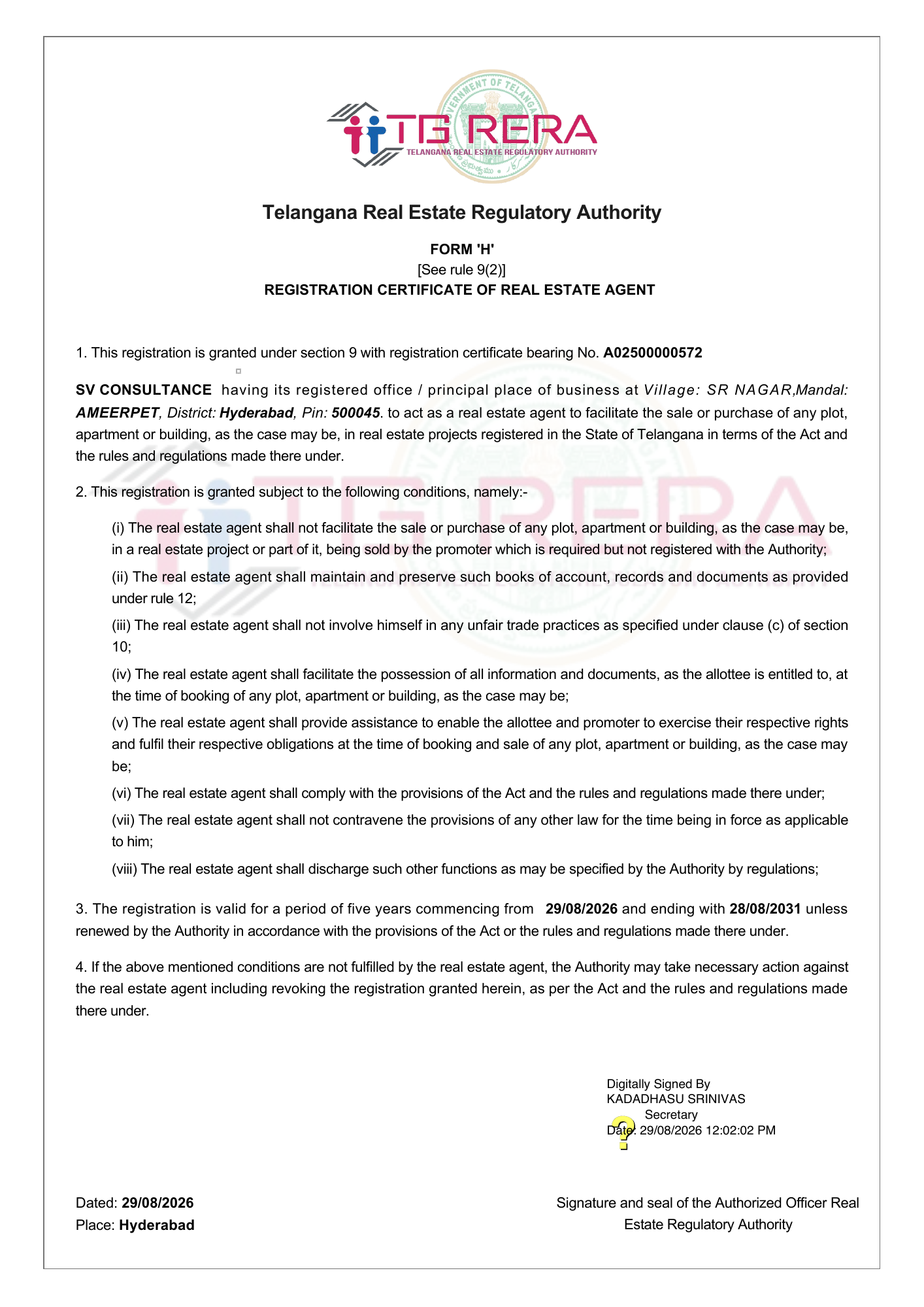 TG RERA registration certificate for SV CONSULTANCE, number A02500000572, valid 29 August 2026 to 28 August 2031